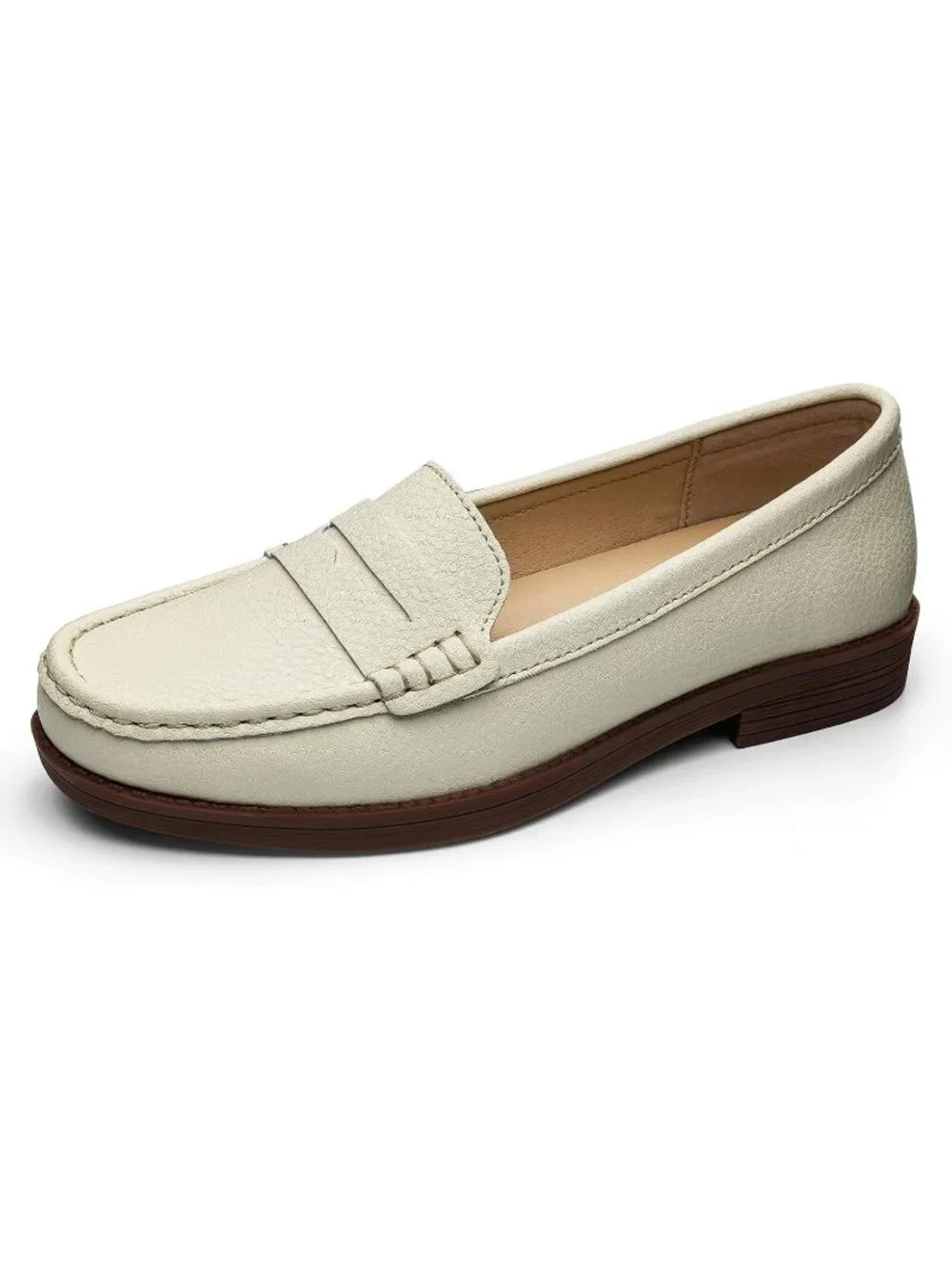 Women's Beige Leather Comfortable Penny Loafers Slip On Casual Walking Shoes